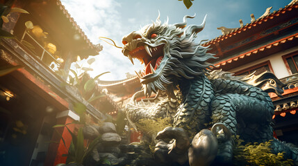 Fototapeta premium 3D chinese dragon on the street in the city while chinese new year festival. Chinese Dragon Background