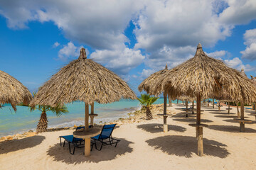 Beautiful view of Aruba's landscape with sandy Eagle Beach along the Caribbean Sea, equipped with...