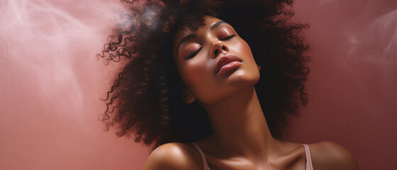 Beautiful african american woman with curly hair and smoke on pink background - Powered by Adobe