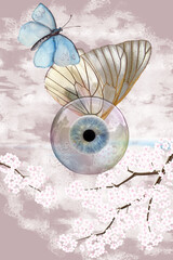 flowery background with eye and butterfly