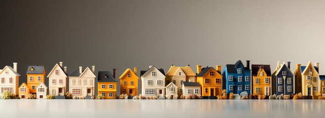 Toy city. Miniature models of realistic houses, blurred background. - obrazy, fototapety, plakaty