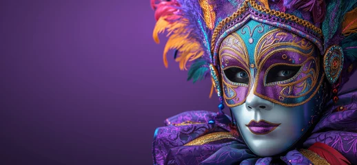  Brazilian carnival and mask. Bright purple background with a theater character in a beautiful Venetian mask with ornaments and sparkles at the Mardi Gras masquerade for festival banner, poster or card © T-elle