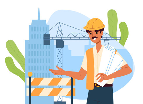 Construction worker at work concept. Man in protective yellow helmet. Construction crane and building silhouette. Engineer and builder at workplace. Cartoon flat vector illustration