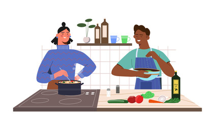 Cooking soup and salad. Man and woman at kitchen with bowl and saucepan with vegetables. Tomato, carrot and cucumber. People preparing healthy eating. Cartoon flat vector illustration