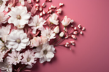 Flowers composition. Creative layout made of pink and white flowers and paint brush on white background. Flat lay, top view, copy space