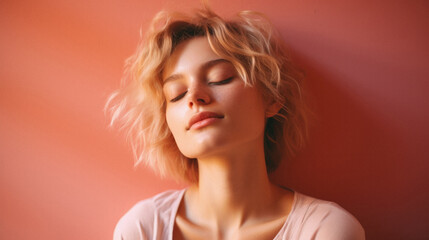 Portrait of a beautiful woman with closed eyes on a red background