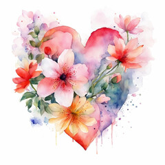 Heart with flowers watercolor illustration. Valentine's Day, love, romance, wedding. Tender heart. Flowers bouquet. For printing on greeting cards, stickers, notepads, dishes.