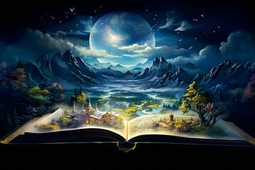 Pop-up book with fairy tale house and tree on the background night of the moon - obrazy, fototapety, plakaty