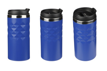 Model as thermos cup, clean material. Blue clean thermos cup with black lid, blank for text. Copy space. Isolated white background. Different shooting angle, triple set photo, clipping path.