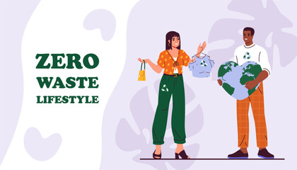 Eco clothes poster. Zero waste lifestyle. Care about nature and ecology. Woman and man with globe. Activists and volunteers. Graphic element for website. Cartoon flat vector illustration