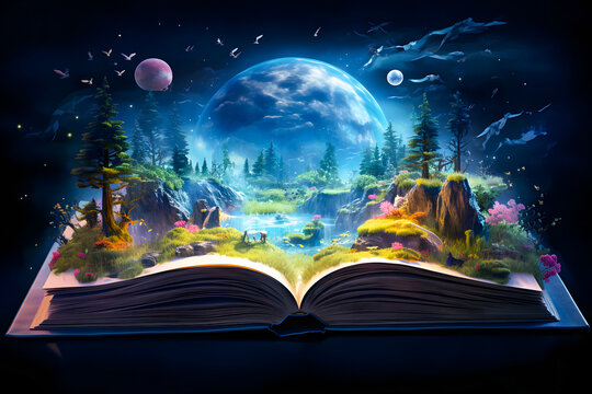 Pop-up book with fairy tale house and tree on the background night of the moon