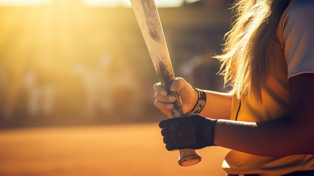 closeup of a woman softball player's hands gripping a bat