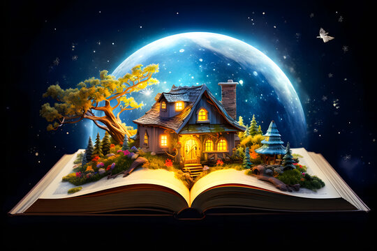 Pop-up book with fairy tale house and tree on the background night of the moon