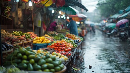 Generative AI, Traditional oriental asian market with fruits and vegetables under the rain with umbrellas