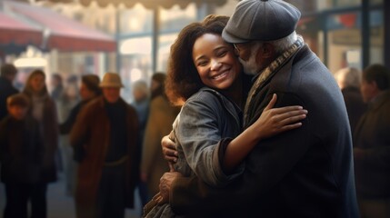 Two people, a man and a woman, share a warm embrace on the street, laughing and hugging in celebration of International Hug Day. - obrazy, fototapety, plakaty
