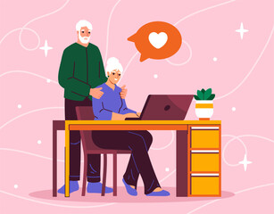Family of elderly people concept. Grandmother and grandfather with laptop. Comfort and coziness indoor. Old family in love in home. Romance and care. Cartoon flat vector illustration