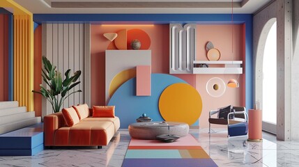 Supremacism style interior design of modern living room with abstract geometric colorful shapes.