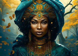 history of a beautiful african woman wearing traditional kingdom dress in futuristic background