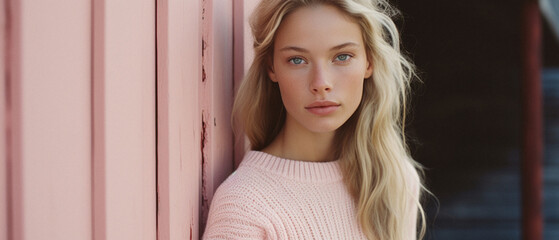 Naklejka premium Beautiful blonde woman in pink sweater looking at camera, blurred foreground