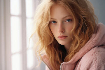 Naklejka premium Portrait of a beautiful young girl with long blond hair in a pink coat .