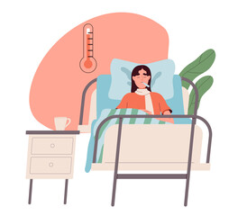 Fototapeta na wymiar Sick woman concept. Young girl with thermometer lie at bed. Patient in hospital, inpatient. Health care, treatment and medicine. Cartoon flat vector illustration isolated on white background