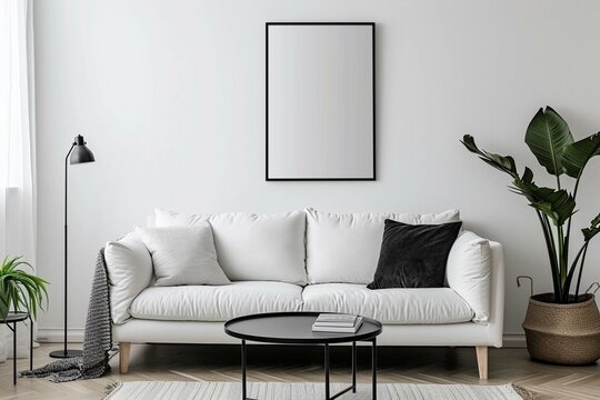 White Sofa And Black Coffee Table Against White Wall With Art Poster. Scandinavian Boohoo Home Interior Design Of Modern Living Room.