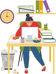 Freelancer woman sitting table work personal computer, workplace remote worker cartoon vector illustration, isolated on white. Concept web work area, design room with job table, shelf book.