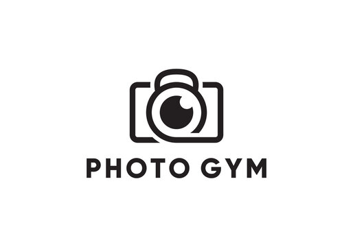 camera photography logo, photo and kettlebell fitness symbol design icon template