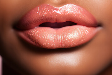 Close-up of beautiful female lips. Nude lipstick, gloss,open mouth. Makeup. Beautiful model skin. Sexy plump lips.