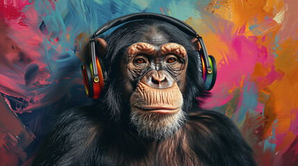Portrait of a party monkey ape with headphones - obrazy, fototapety, plakaty