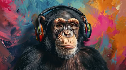 Foto op Canvas Portrait of a party monkey ape with headphones © Kazmi
