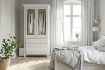 White wooden wardrobe in Scandinavian style interior design of modern bedroom.