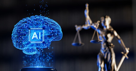 AI Regulation and Justice. Legal and Technology concept. Hologram of the Brain and Statue of Goddess Themis: Symbols of Law, Equality, Legislation and artificial intelligence - obrazy, fototapety, plakaty