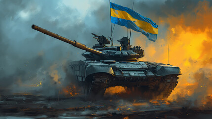 Illustration war tank resisting in the battle with the Ukrainian Flag - obrazy, fototapety, plakaty