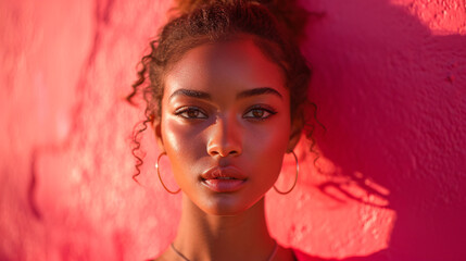 Sunlit Portrait of Young Woman Against Pink Wall