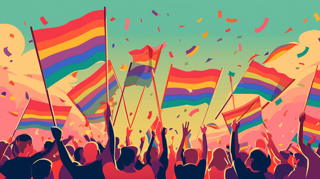 Crowd waving rainbow flags at the gay pride parade. LGBT concept © Kazmi