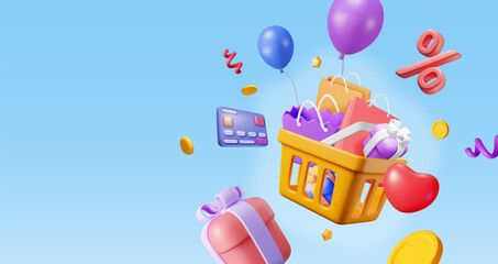 3D Plastic Shopping Basket with Gift Boxes and Bag © absent84