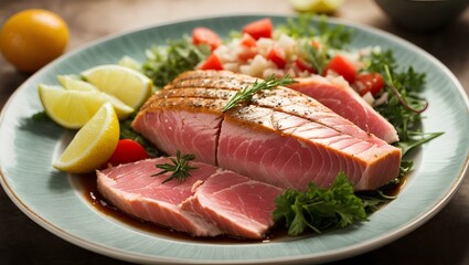 Tuna, vegetables and lemon in a dish. Healthy food