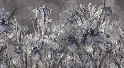 Drawn irises flowers on a textured background with watercolor elements in dark colors, textured photo wallpaper in the interior.