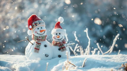 Two cheerful snowmen standing in winter. Christmas concept.