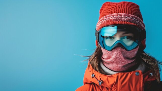 Close up cropped shot photo of skier young woman wearing heat ski goggles mask look aside on area mockup travel rest spend weekend winter season in mountains isolated on plain pastel blue background.