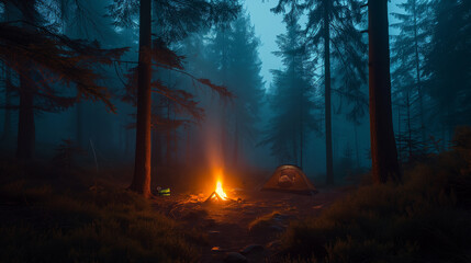 camping in a dark foggy forest. campfire night forest fog. 