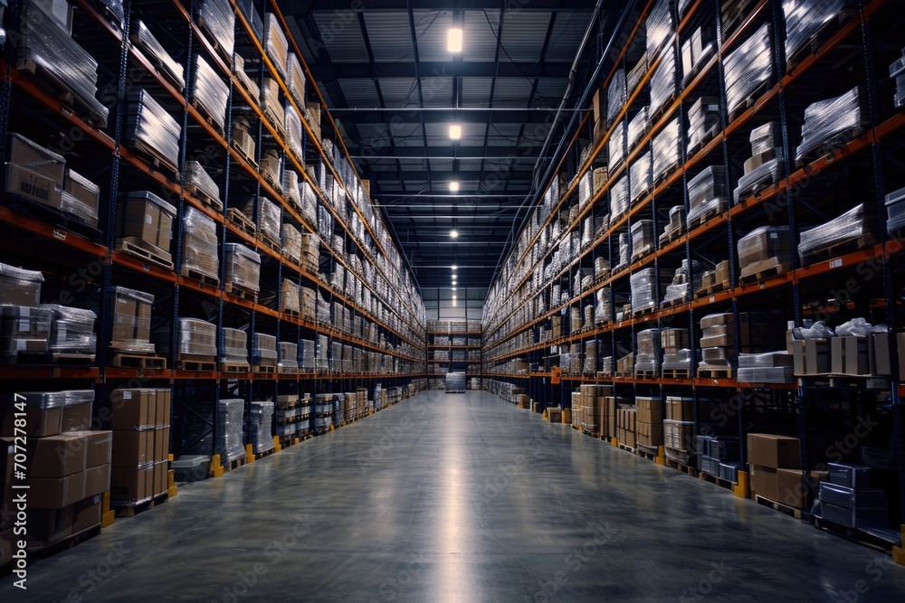 Poster a large warehouse filled with numerous boxes. suitable for various business and logistics concepts