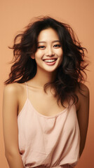Fototapeta premium Young pretty asian woman with long curly hair posing cheerful on brown background, lifestyle people concept