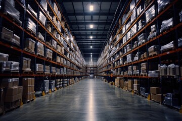 A large warehouse filled with numerous boxes. Suitable for various business and logistics concepts