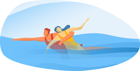 Obraz premium Professional rescue worker save life drowning woman, outdoor sea swimming dangerous accident cartoon vector illustration, isolated on white. Lifeguard character help female on water surface.