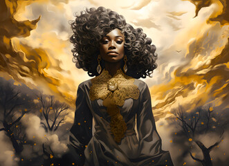 Beautiful african american woman with curly hair on city background. Black history month Juneteenth