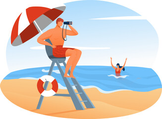 Rescue worker sitting and watch safety sea beach, lifeguard health care drowning incident woman cartoon vector illustration, isolated on white. Salvor character observe on female water surface.