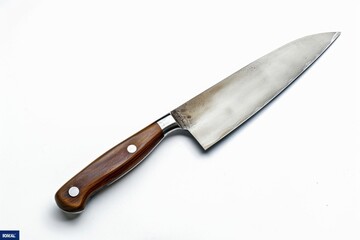 A knife with a wooden handle placed on a clean white surface. Suitable for culinary, kitchen, or cooking themes