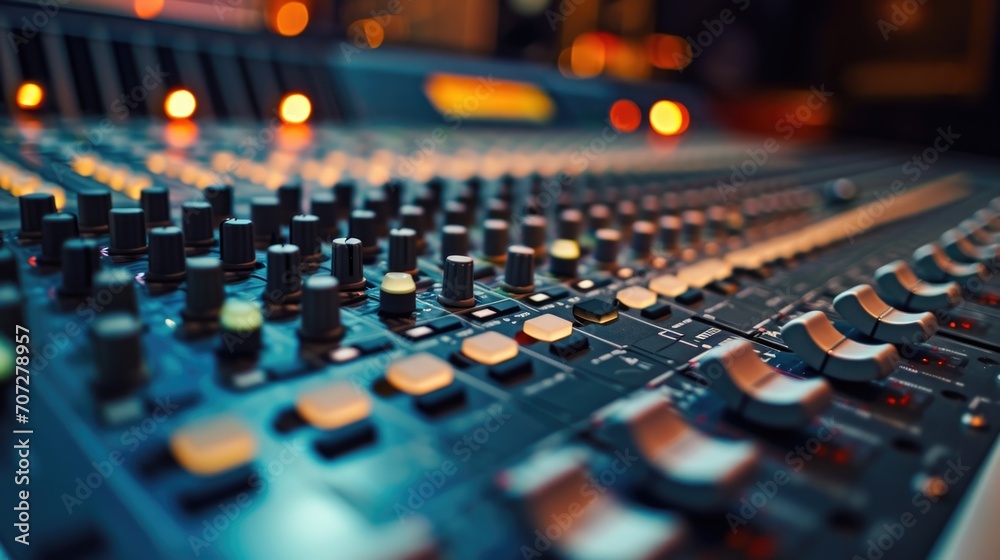 Poster A close up view of a sound board in a recording studio. This image can be used to showcase the equipment and technology used in professional audio production